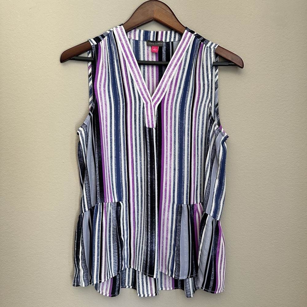 Vince Camuto Multicolor Stripe Sleeveless Blouse V Neck Peplum Coastal Preppy